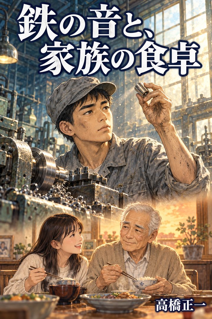 フル版の見本『鉄の音と、家族の食卓』マンガ版の表紙。旋盤の前で部品を光にかざす18歳の正一と、88歳の正一が孫と食卓を囲む姿（架空の人物）。