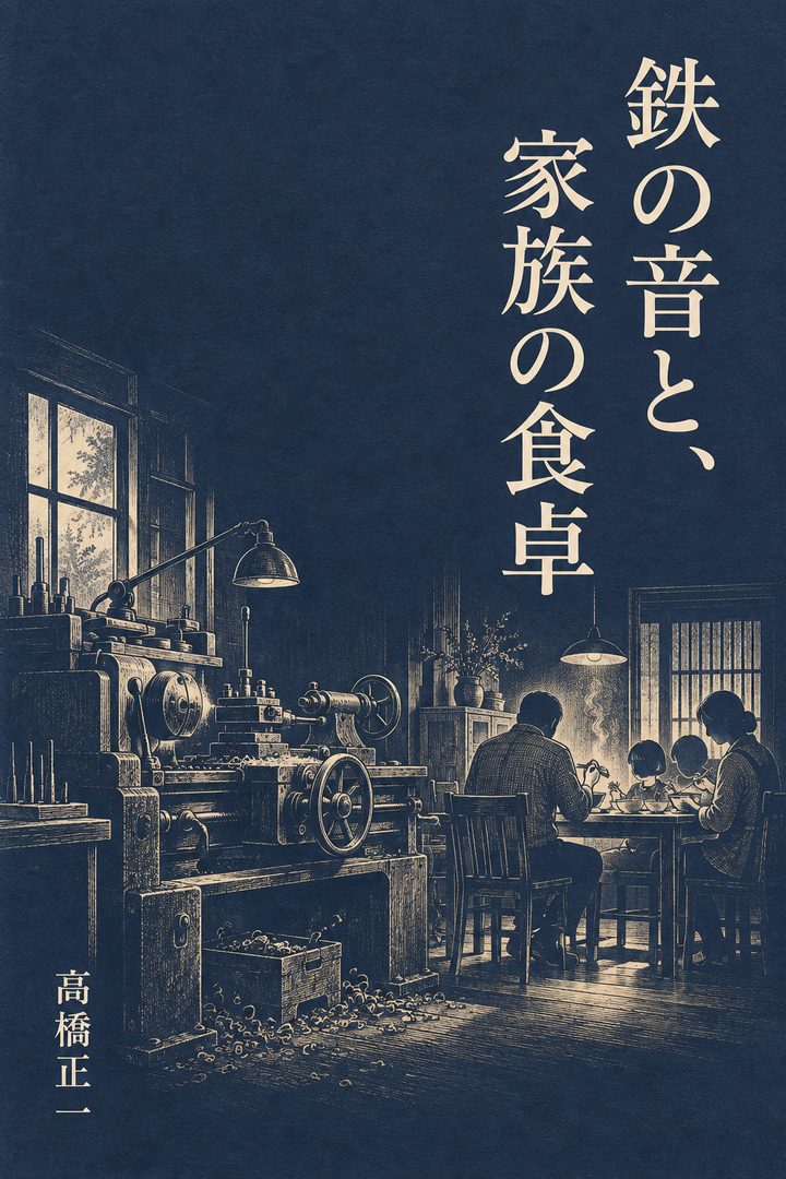 フル版の見本『鉄の音と、家族の食卓』文字版の表紙。藍色の地に旋盤と家族の食卓の銅版画風の挿絵、縦書きの題名、著者名 高橋正一（架空の人物）。