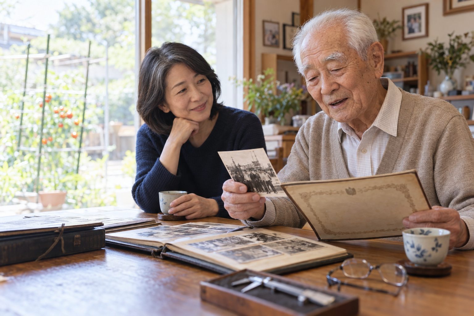 自宅の食卓で、88歳の男性が古い白黒写真を手に若いころの話をし、娘がうなずきながら聞いている（イメージ写真・架空の人物）。