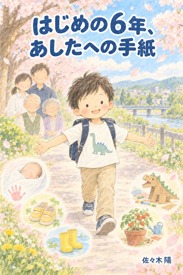 ライト版（小学校入学のお祝い）の見本『はじめの6年、あしたへの手紙』マンガ版の表紙。絵本のような画風で、ランドセルを背負って歩き出す6歳の陽（架空の人物）。