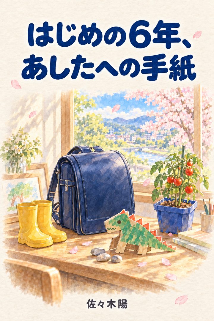小学校入学祝いの見本『はじめの6年、あしたへの手紙』文字版の表紙。窓辺に置いた紺のランドセルと黄色い長ぐつ、恐竜のおもちゃ、著者名 佐々木陽（架空の人物）。