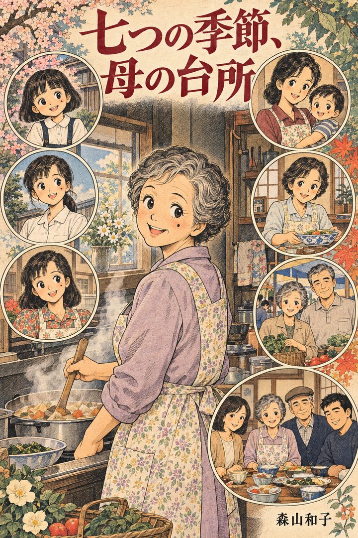 ライト版（喜寿のお祝い）の見本『七つの季節、母の台所』マンガ版の表紙。昭和の漫画のような画風で、台所で振り向いて笑う77歳の和子（架空の人物）。