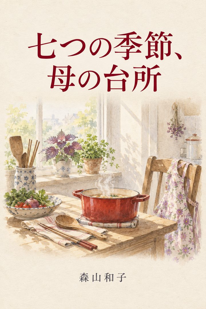 喜寿祝いの見本『七つの季節、母の台所』文字版の表紙。水彩画風の台所と赤い鍋、著者名 森山和子（架空の人物）。