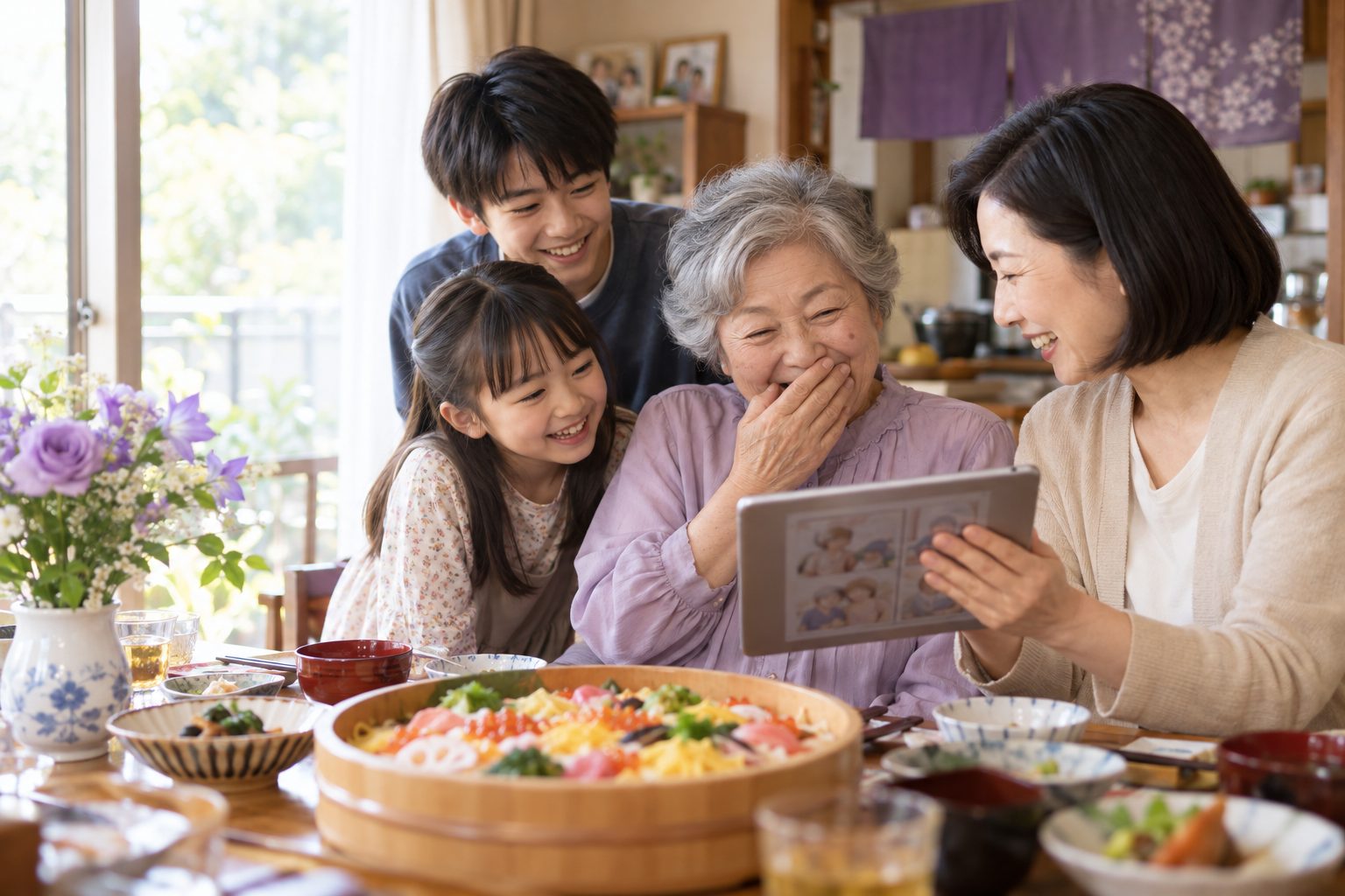 喜寿のお祝いの食卓で、娘がタブレットに映るマンガを母に見せ、母が照れて笑い、孫2人がのぞきこんでいる（イメージ写真・架空の人物）。